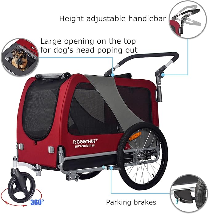 DOGGYHUT® Premium Large/XL Pet Bike Trailer & Stroller for Large Sized Dog or Multiple Small Dogs,Low Center of Gravity,Parking Brakes,Easy Folding Frame,Bicycle Carrier