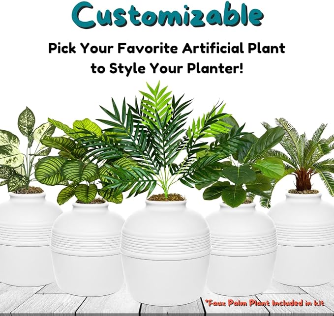 Good Pet Stuff Hidden Litter Box Planter, Decorative Cat Litter Enclosure with Carbon Filter, Artificial Plant, Easy Clean, Removable Liner, Round Style, Essentials Kit, Classic White