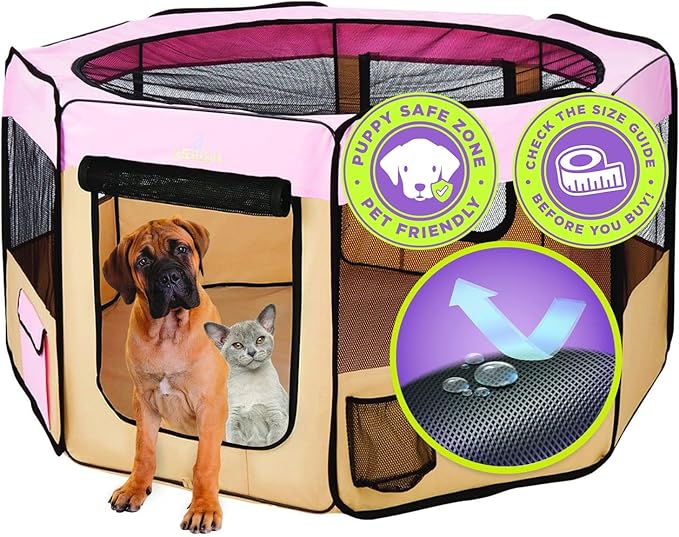 Zampa Puppy Pop Up Portable Playpen for Dog and Cat, Foldable | Indoor/Outdoor Kitten Pen & Travel Pet Carrier + Carrying Case (Pink, Extra Large (80"x80"x36"))