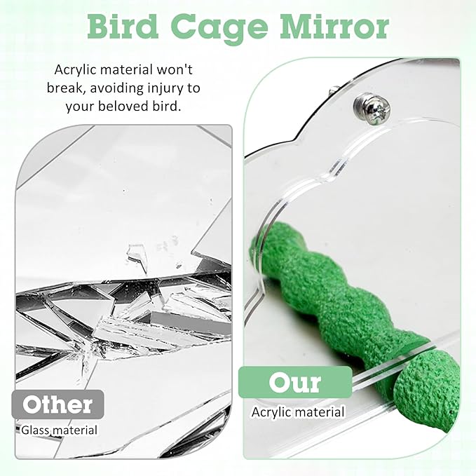 PINVNBY 2 PCS Bird Mirror with Perch Resin Parakeet Perches Hanging Parrot Toys Interactive Bird Cage Accessories for Cockatiel Conure Lovebird Finch (Green)