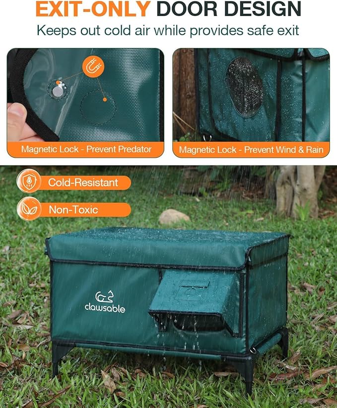 Indestructible Heated Cat House for Outside Winter, 100% Waterproof, Safe Escape Door, Insulated Outdoor Cat Shelter with Heater for Feral Barn Cat Kitty (Forest Green, 12"x16"x18")