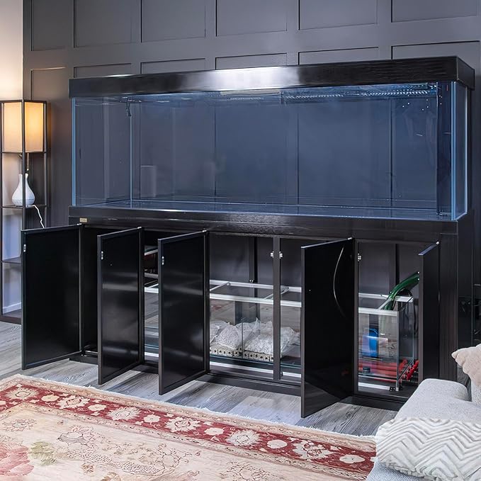 400 Gallon Glass Aquarium with Aluminum Cabinet - Including Sump for Filtration and Circulation, Plumbing, LED, Black