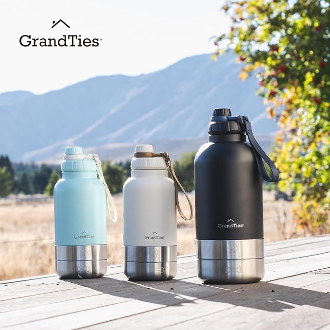 GrandTies Insulated Portable Water Bottle with 2 Detachable Dog Bowl Dispenser | Leak-Proof Food Travel Container | Walking, Hiking, Camping (64oz, Ivory White)