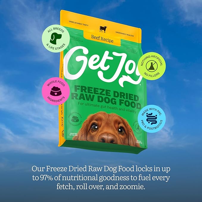 Get Joy Freeze Dried Raw Beef Meal, High Protein Grain Free, Dry Dog Food Meal Mixer and Topper, with Probiotics for Gut Health, Made with 100% USDA Organ Meat, for All Breeds and Ages, 16oz Bag