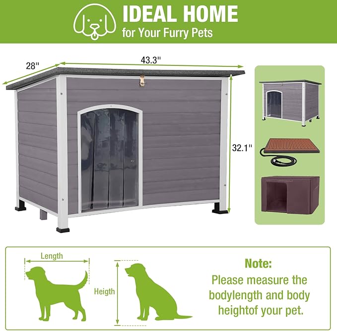 GUTINNEEN Extra Large Heated Dog House Outdoor XL Insulated Dog House Weatherproof Dog Kennel with Safe Heating Pad, Thermal Liner, Chew-Proof Metal Frame for Large Dogs, 43.3" L×29.4" D×33.4" H