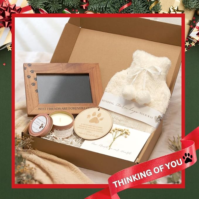 Pet Loss Bereavement Box, Sympathy Gift for Loss of Dog, Pet Memorial Christmas Gift with Photo Frame, Christmas Remembrance Ornament, Memory Candle, Hot Water Bottle, Comfort Grieving present