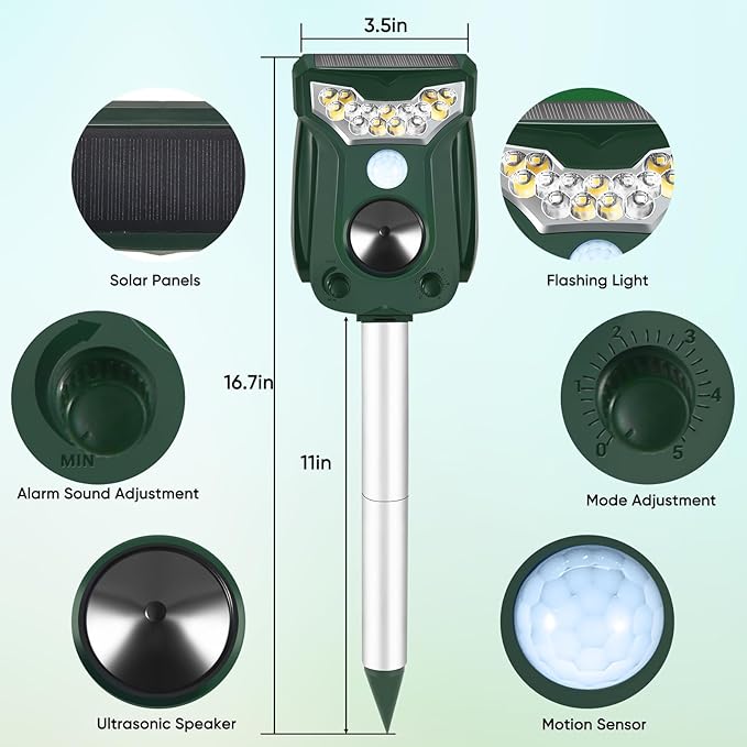 2 Pack Cat Repellent Outdoor Solar Ultrasonic Animal Repeller- Motion Activated Pest Deterrent Device for Cats, Dogs, Raccoons, Deer, Skunks,Rodents, Waterproof Scare Away Raccoon Deterrent Stakes