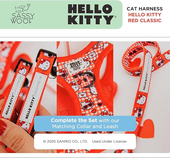 Sassy Woof Cat Step-in Harness - Hello Kitty® Red Classic - L, Breathable Mesh, No Pull Design with Two D-Rings, Perfect for Large Cats - Officially Licensed