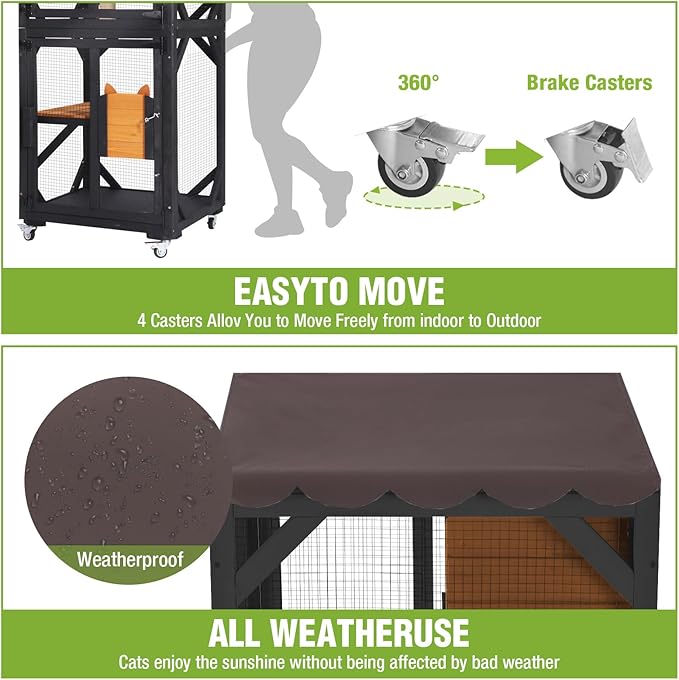 GUTINNEEN Catio Outdoor Cat Enclosure Mobile Cat House Indoor On Wheels with Scratch Post, Hammock, Resting Box, Platform, Tarp Roof 62.8", Black