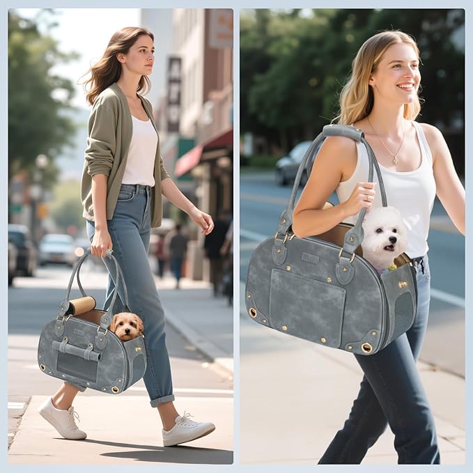 PetsHome Dog Carrier Purse, Pet Bag Bling Waterproof Premium Leather Pet Travel Portable Bag for Cat and Small Dog Home & Outdoor Small Grey