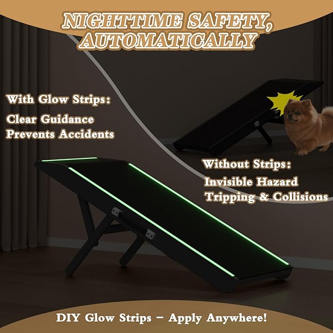 Dog Ramp for Couch - 4-Level Adjustable (8.6"-20.9") & Wider Foldable Pet Ramp for Small Dogs, Non-Slip EVA Mat with Glow Strips, Solid Birchwood Supports 200Lbs