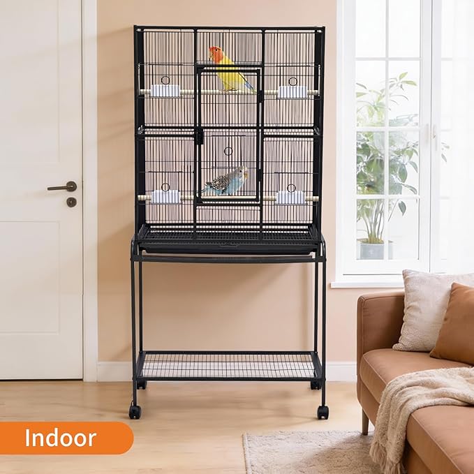Extra Tall Large Bird Cage with Stand – 62" Flight Cage on Wheels for Parakeets, Parrots, Conures, Lovebirds, Cockatiels – Sturdy Metal Aviary, Black – Spacious Home for Birds – Model