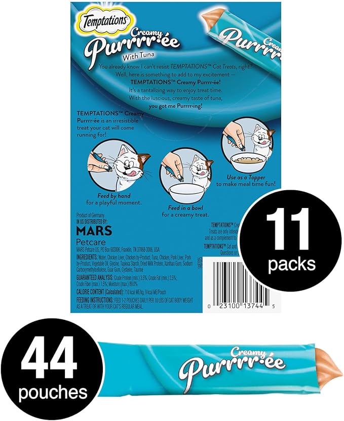 Temptations Creamy Puree Squeezable Lickable Cat Treats, Wet Cat Treats with Tuna, 0.42 oz. Tubes, 4 Count, Pack of 11 (44 Total)