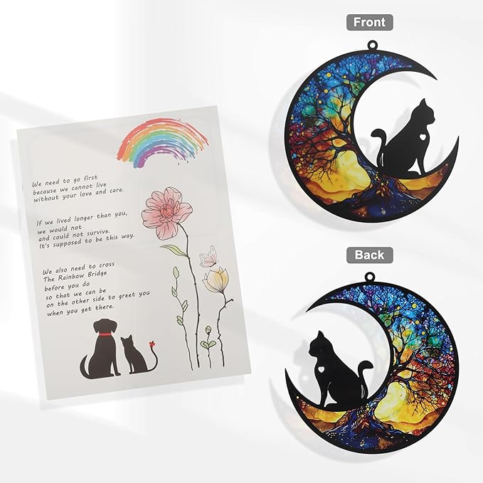 Cat Memorial Gifts, Life Tree Design Cat Angel Memorial Suncatcher with Sympathy Card, Sympathy Gift for Loss of Cats, Colorful