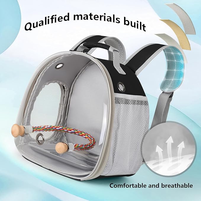 Small Bird Travel Backpack Carrier Cage, Backpack to Transport Backpack Carrier with Metal Tray Stand Perch for Parakeet Cockatiel Budgies Vet Carry Book Bag Black