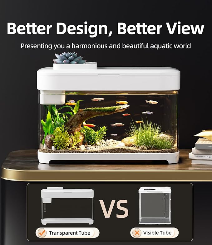 Smart Fish Tank 3 Gallon Aquarium Starter Kit with Temperature Monitor, Hidden Filtration, 8 Color Lighting, Self Cleaning Small Betta Tank Acrylic