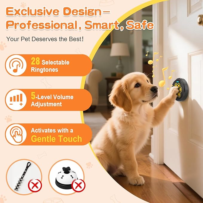 ChunHee Dog Bells to Go Outside - Bell for Dogs to Ring to Go Potty | Chew-Proof Dog Door Bell | 0-115dB Adjustable Volume & 28 Ringtones | Bells for Dog Training to Go Outside Without Barking