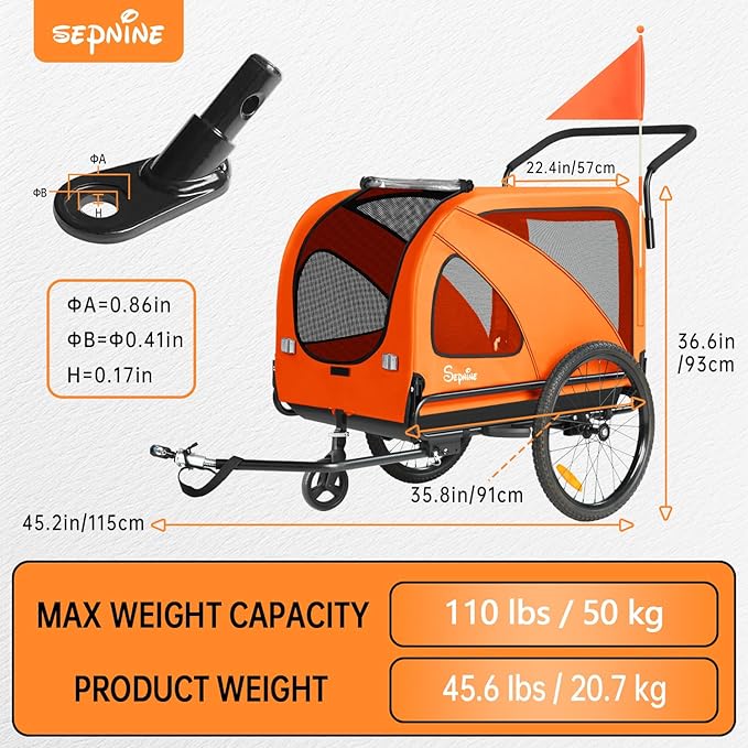 Sepnine Dog Bike Trailer, Supports up to 110 lbs, 2-in-1 Pet Stroller Cart Bicycle Carrier, Easy Folding Cart Frame with Quick Release Wheels, Universal Bicycle Coupler, Non-Slip Floor, Internal Leash