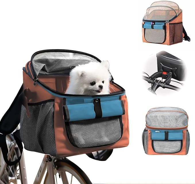Dog Bike Basket, 12.5" L x 11.4" W x 15.3" H Bike Basket Front Dog Carrier, Bikes Baskets Front Dogs Carrier, Washable Liner for Travelling, Camping, Vet Appointments, Walks in The Park (Orange)