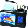 Mini Fish , Multifunctional USB Rechargeable Fish Desktop Electronic Aquarium with Clock Function LED Light Pen Holder for Office, Home