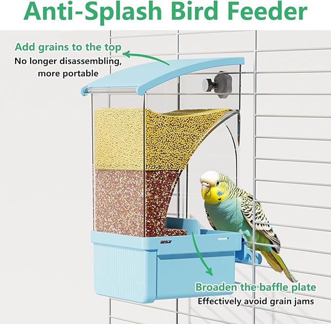 Hamiledyi 2Pcs Automatic Birds Feeder No Mess Bird Cage Feeder Transparent Acrylic Parrot Seed Food Container with Perch Bird Cage Accessories for Parakeet Finch Lovebirds Budgies Canary (Blue)