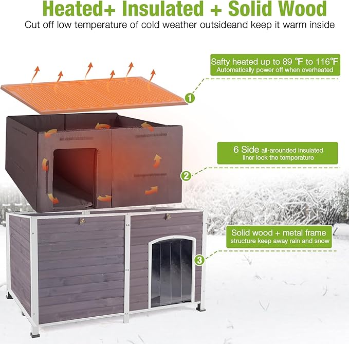 GUTINNEEN 59" Extra Large Heated Outdoor Dog House for Large Dogs Insulated, Thermostat-Controlled Heating with Full 6-Sided Insulation, Metal Frame, Spacious, Cozy, and Safe Winter Shelter (Grey)