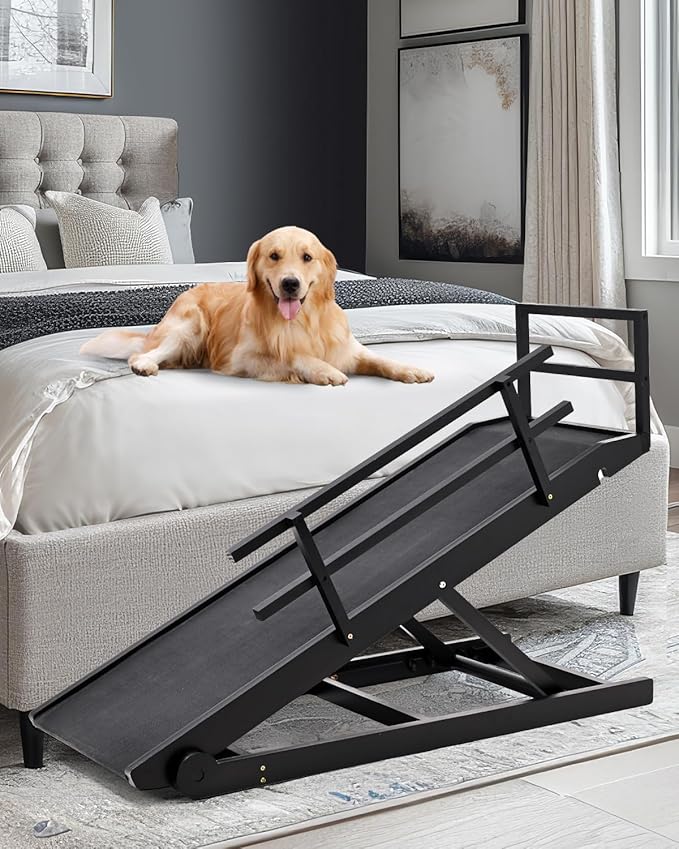 Dog Ramp for Bed, Adjustable Pet Ramps for Dogs to Get on Bed, Large Dogs Ramp for High Beds, Safety Dog Ramps with Rail for Couch/Car, Adjustable from 15" to 28" Height