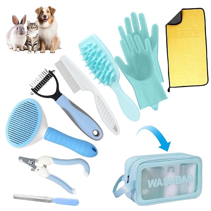 Aglads 3PCS Cat Rabbit Bunny Dog Grooming Kit, Self-Cleaning Slicker Cat & Dog Brush for Shedding, Fine-Needle Comb, Pet Nail Clipper & File for Long/Short-Haired Pets, Easy to Remove Loose (3, blue)