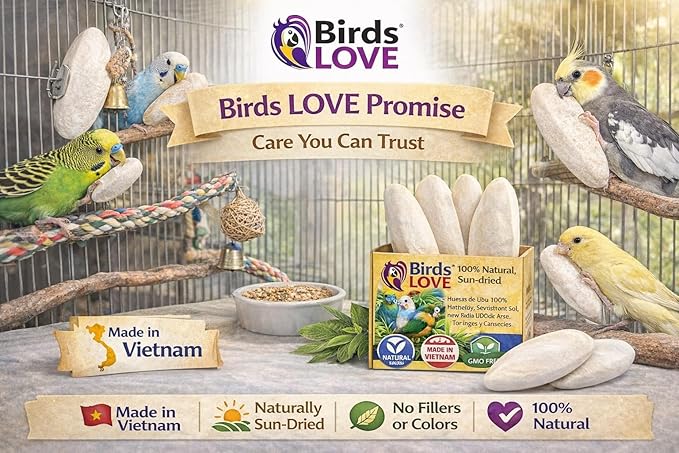 Birds LOVE 3.5-4″ Cuttlebones for Birds – 100% Natural Sun-Dried Calcium & Beak Conditioning Supplement for Parakeets, Budgies, Cockatiels, Finches & Canaries – 2 Pack with Holder – Made in Vietnam