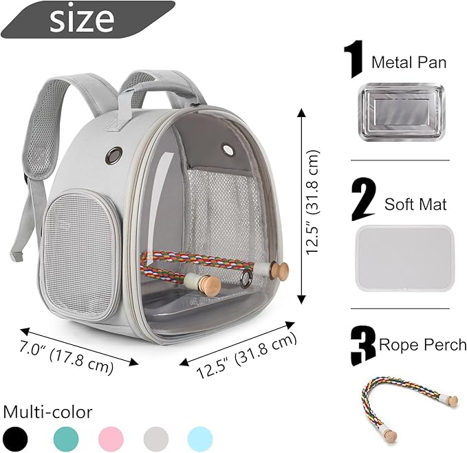 Small Bird Travel Backpack Carrier Cage, Backpack to Transport Backpack Carrier with Metal Tray Stand Perch for Parakeet Cockatiel Budgies Vet Carry Book Bag Grey