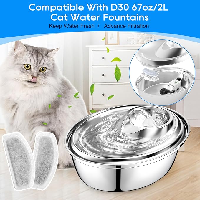 Cat Water Fountain Filter, 8 Pcs Replacement Water Filter Compatible with ORSDA D30 67oz/2L Stainless Steel Pet Water Fountains, 3 Triple Filtration System Automatic Pet Fountain Resin Filters