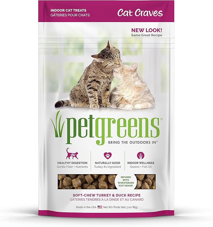 Pet Greens Soft-Chew Indoor Cat Treats Infused with 4 Pack of Semi-Moist Craves Savory Salmon, Deep Sea Tuna, Roasted Chicken and Turkey and Duck Flavored Treats