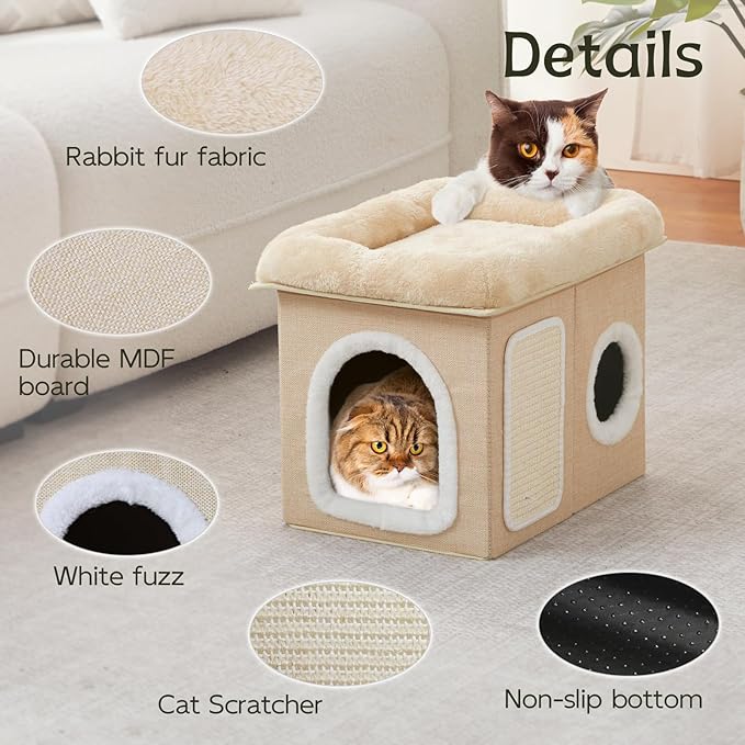 WINDRACING Cat Beds for Indoor Cats - Cat House for Pet and Foldable Cat Cave Bed with Scratch Pad, Cat Hideaway Condo for Kitten, 16.9x12.8x14.2 inches, Beige