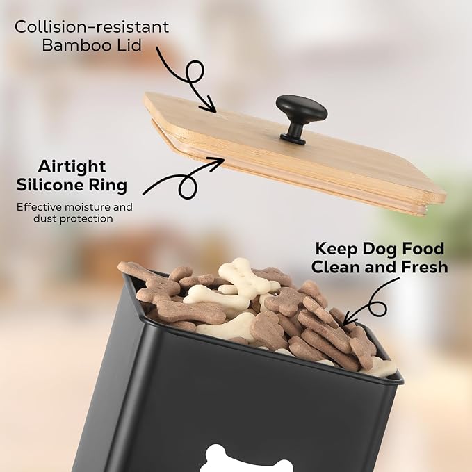 Dog Treat Containers Set of 2, Dog Food Storage Containers with Airtight Lids, Metal dog treat jars for Kitchen Countertop, Pet Food Canister Keep Snack Fresh, 5.9"×5.9"×7.1", Black