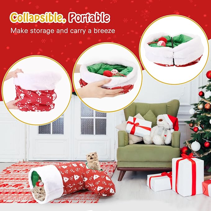 Pawaboo Cat Tunnel Christmas Sock with Bell Balls, Upgraded 2 Way Cat Tunnel Interactive Toy, Pet Xmas Stocking with Crinkle Paper & Strong Spring-Steel Frame for Cat Kitten Kitty, Red Christmas Tree