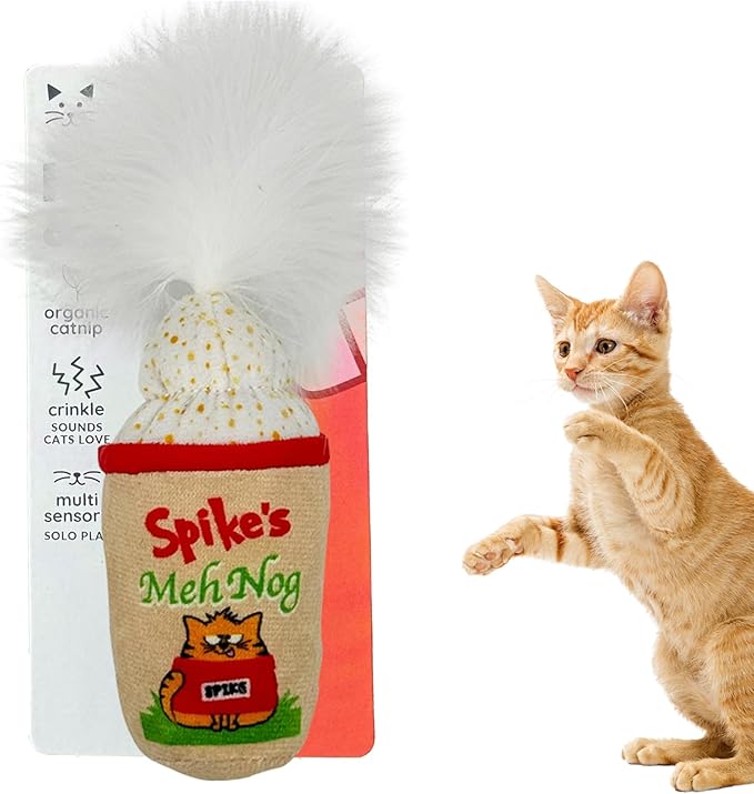 Huxley & Kent Plush Cat Toy - Holiday Interactive Catnip Toy for Cats & Kittens - Soft with Crinkle & Catnip - Fun Indoor Play - Meh Nog