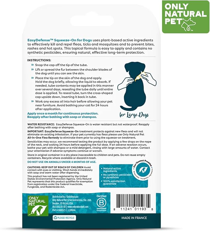 Only Natural Pet Flea and Tick Control for Large Breed Dogs (Over 40 lbs) - EasyDefense Flea & Tick Herbal Squeeze-On Drops - 3 Month Supply (L Sqz.)