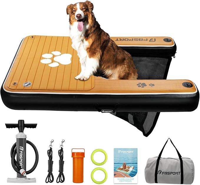 FBSPORT Inflatable Dog Boat Ramp Floating Dock Water Ladder for Pool, Boat, Non-Slip EVA Floating Ladder Pool Ramp for Dog Up to 220 LBs, Safe & Easy Access