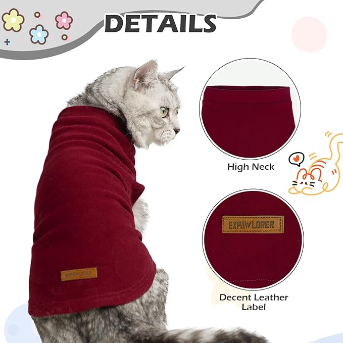 EXPAWLORER Soft Cat Sweater - Sweaters for Cats Only Warm Kitten Clothes, Fall and Winter Pet Coat Pullover Design, Fleece Sweatshirt Clothing Also for Puppy Small Dogs, Red Small
