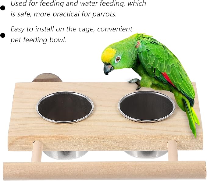 Yardwe Parrot Food Cups and Stainless Steel Feeding Bowls with Wood Stand, 2pcs Set (Small Large) for Bird Cage Feeding and Watering Supplies