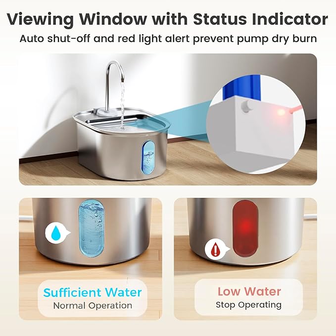 Stainless Steel Cat Water Fountain, 108oz/3.2L Automatic Pet Water Dispenser with Ultra-Quiet Pump, Safe Auto Shut-Off & Water Level Window for Cats and Dogs Indoors - Includes 1 Filter