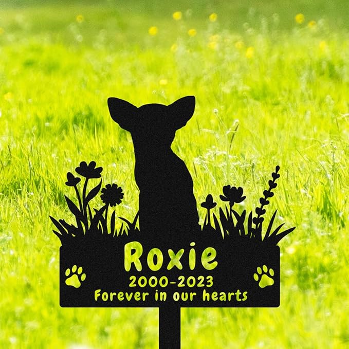 Custom Chihuahua Dog Memorial Garden Stake Grave Marker Metal Engraved Sign, Personalized Flowers Chihuahua Dog Memorial Grave Marker, Customized Dog Memorial Stake Grave Cemetery Marker