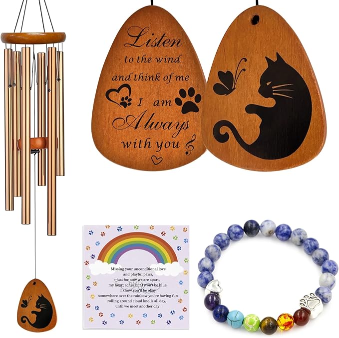 Cat Memorial Gifts - Cat Memorial Wind Chimes, Loss of Cat Sympathy Gift,Pet Sympathy Gifts for Cats, Remembrance Gifts for Loss of Cat 28 inches