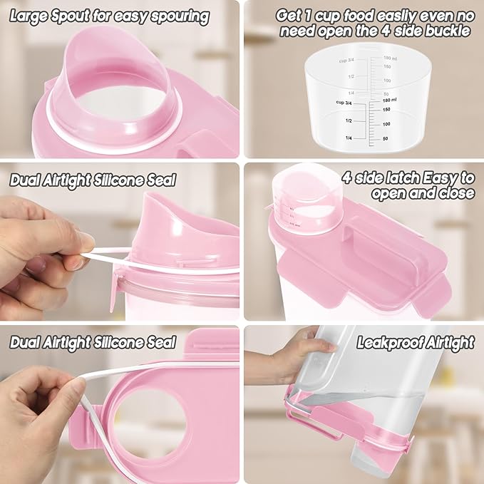 5-7Lbs Dog Cat Food Storage Container with Upgraded Large Nozzle BPA-free, 4 Snap Seals Plastic Pet Food Storage Containers with Handles (Light Pink, 5L-2pack)