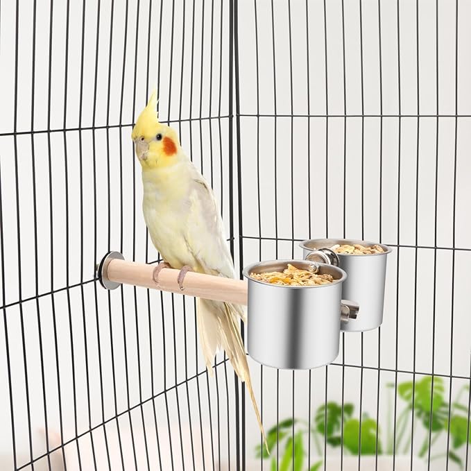 Bird Wood Stand Perch with Food Water Feeding Bowl for Parrot Parakeet Cockatiel Cage Accessories (A: Perch with 2 Feeder Cups)