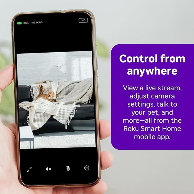 Roku Indoor Camera - Home Security - 1-Pack - Wired Security Camera & Pet Monitor with 1080p HD Color Night Vision, Works with Alexa & Google, Motion & Sound Detection, WDR & WiFi 6