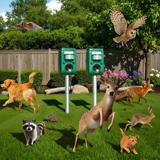Solar Ultrasonic Animal Repellent Outdoor, Squirrel Deer Repellent Devices Motion Detection,IP65 Waterproof Cat Mouse Raccoon Dog Bird Repellent Deterrent 2 Pack