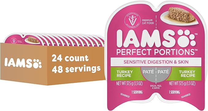 IAMS Perfect Portions Sensitive Digestion & Skin Wet Cat Food Pate, Adult Grain Free Pate, Turkey Recipes, (24) 2.6 oz. Twin-Pack Trays