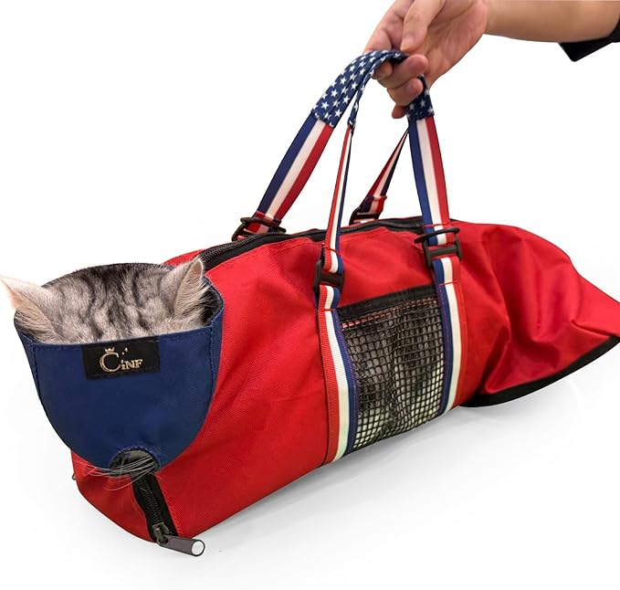 Cinf Cat Nail Clipping Cleaning Grooming Restraint Bag （Free Muzzle） No Scratching Biting for Bathing Nail Trimming Injecting Examining((Red USA Flag,M)
