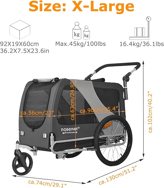 DOGGYHUT® Premium Large/XL Pet Bike Trailer & Stroller for Large Sized Dog or Multiple Small Dogs,Low Center of Gravity,Parking Brakes,Easy Folding Frame,Bicycle Carrier